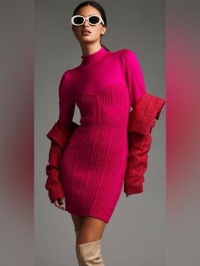 Anthropologie Pink Knit Bodycon Mini Dress Mock-neck Chic Dopamine Statement